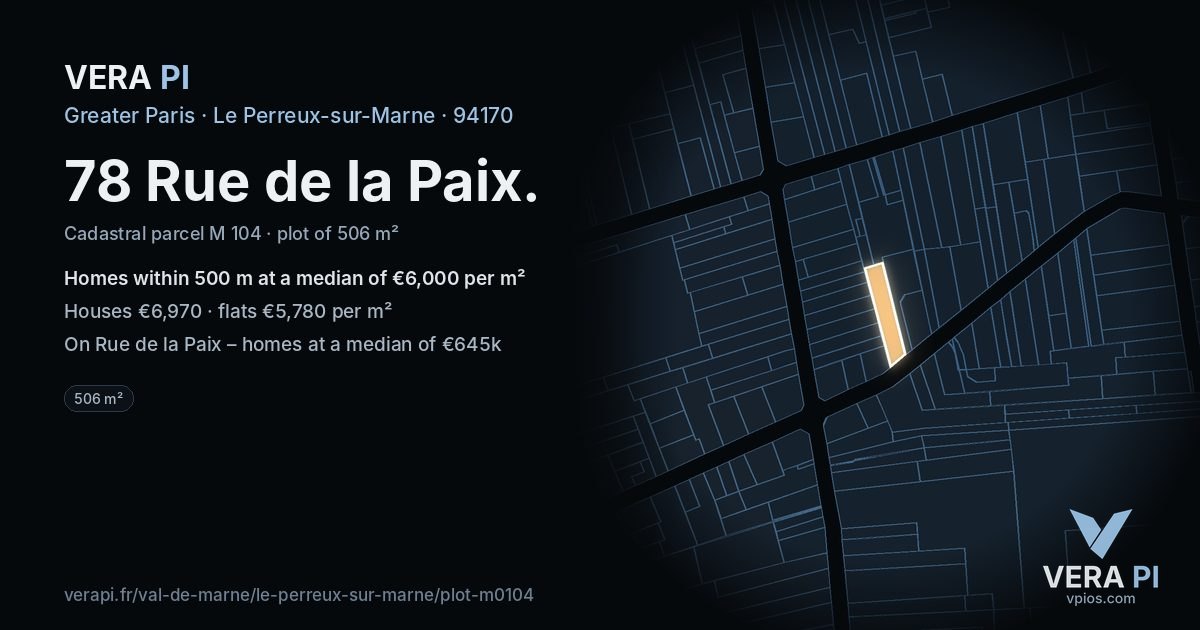 78 Rue de la Paix, Le Perreux-sur-Marne at night – the plot lit, the parcels around coloured by the prices near them