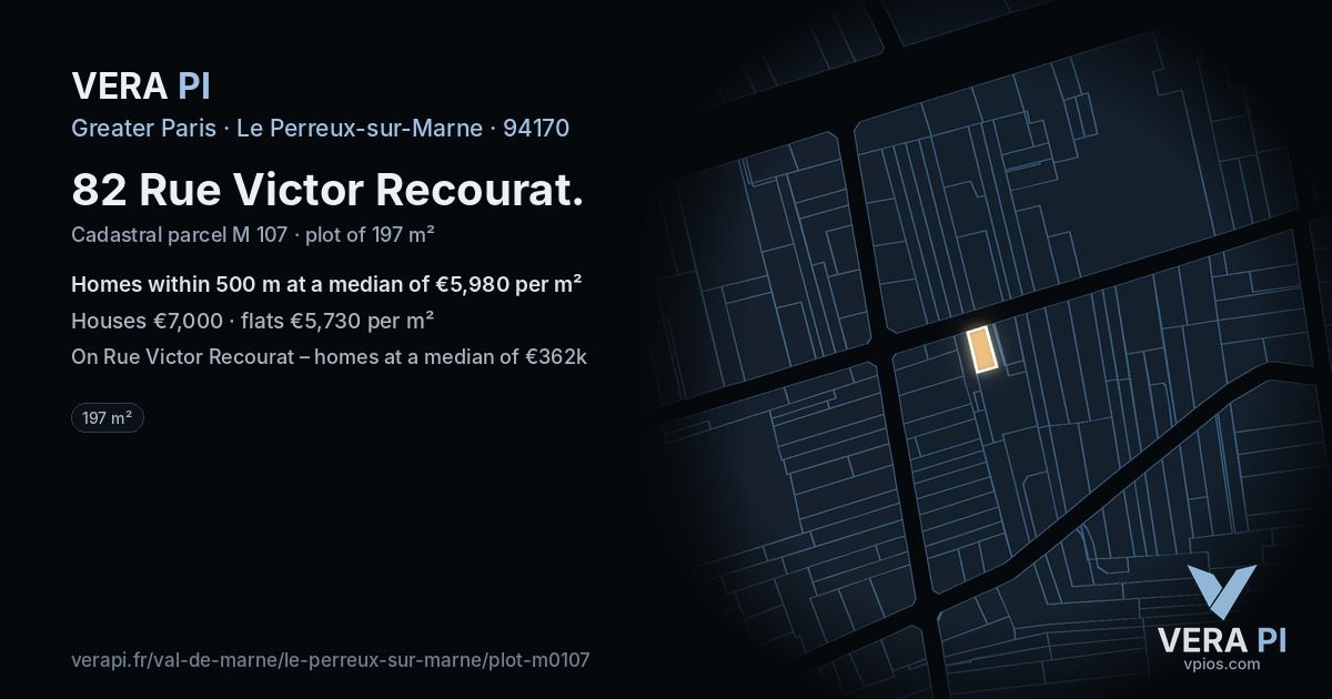 82 Rue Victor Recourat, Le Perreux-sur-Marne at night – the plot lit, the parcels around coloured by the prices near them