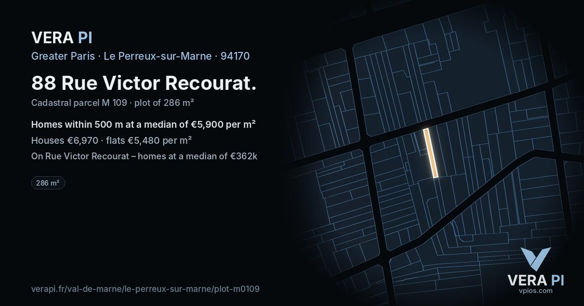 88 Rue Victor Recourat, Le Perreux-sur-Marne at night – the plot lit, the parcels around coloured by the prices near them
