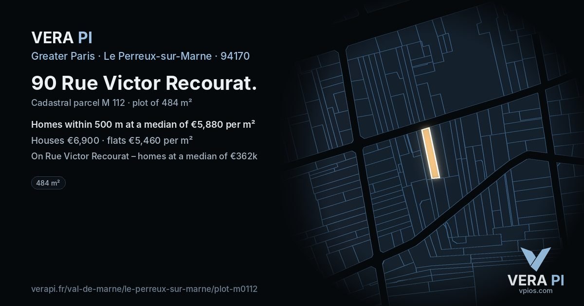 90 Rue Victor Recourat, Le Perreux-sur-Marne at night – the plot lit, the parcels around coloured by the prices near them