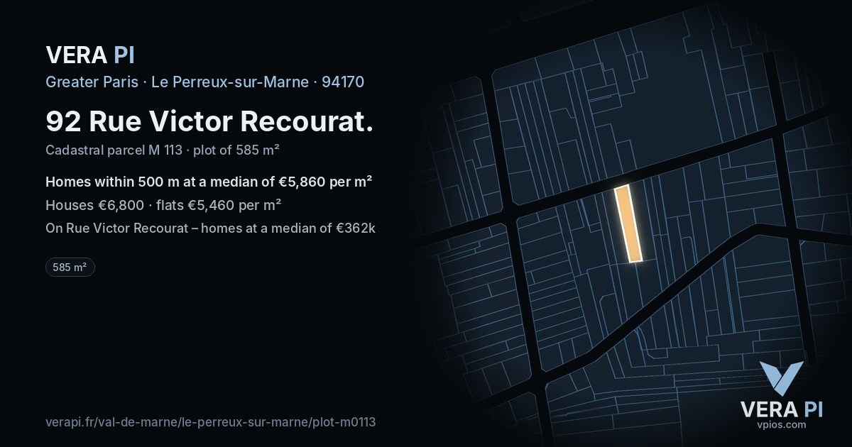 92 Rue Victor Recourat, Le Perreux-sur-Marne at night – the plot lit, the parcels around coloured by the prices near them