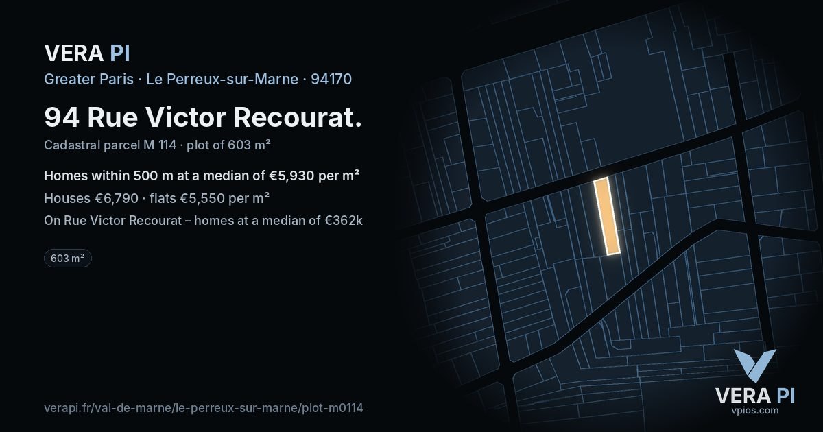 94 Rue Victor Recourat, Le Perreux-sur-Marne at night – the plot lit, the parcels around coloured by the prices near them