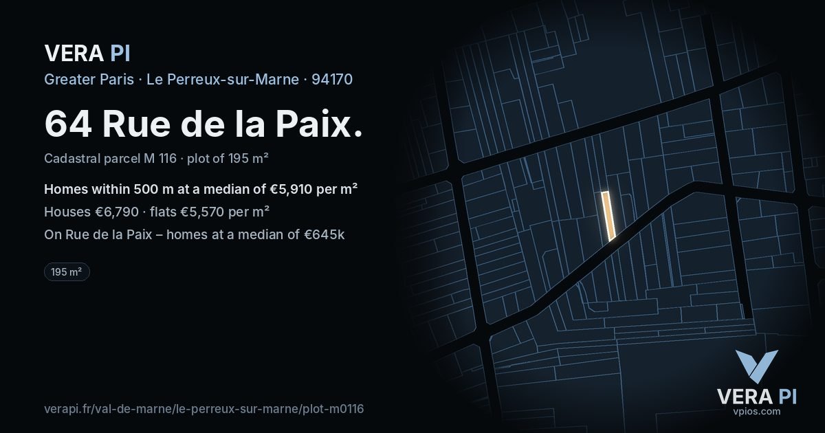 64 Rue de la Paix, Le Perreux-sur-Marne at night – the plot lit, the parcels around coloured by the prices near them
