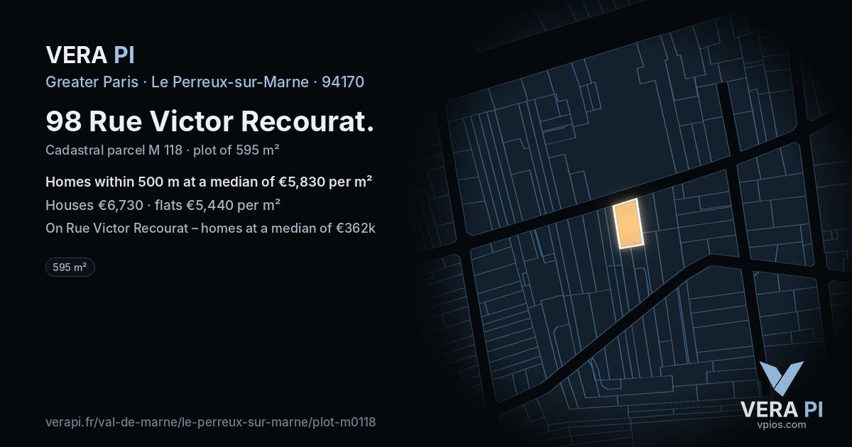 98 Rue Victor Recourat, Le Perreux-sur-Marne at night – the plot lit, the parcels around coloured by the prices near them