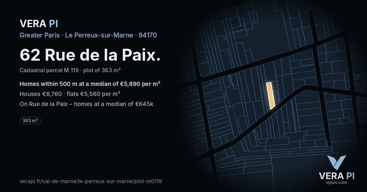 62 Rue de la Paix, Le Perreux-sur-Marne at night – the plot lit, the parcels around coloured by the prices near them