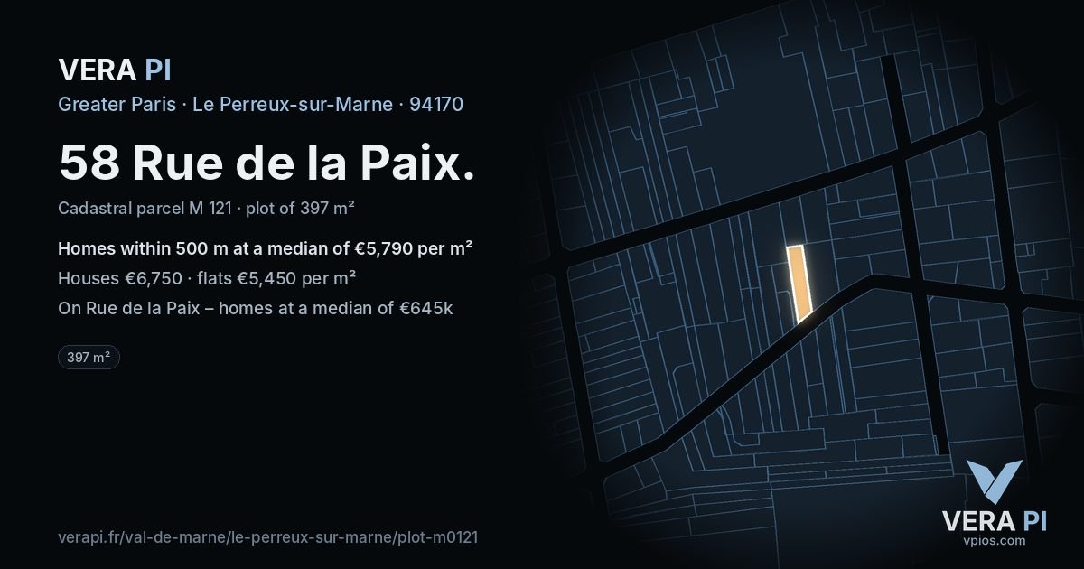 58 Rue de la Paix, Le Perreux-sur-Marne at night – the plot lit, the parcels around coloured by the prices near them