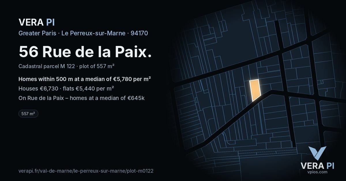 56 Rue de la Paix, Le Perreux-sur-Marne at night – the plot lit, the parcels around coloured by the prices near them