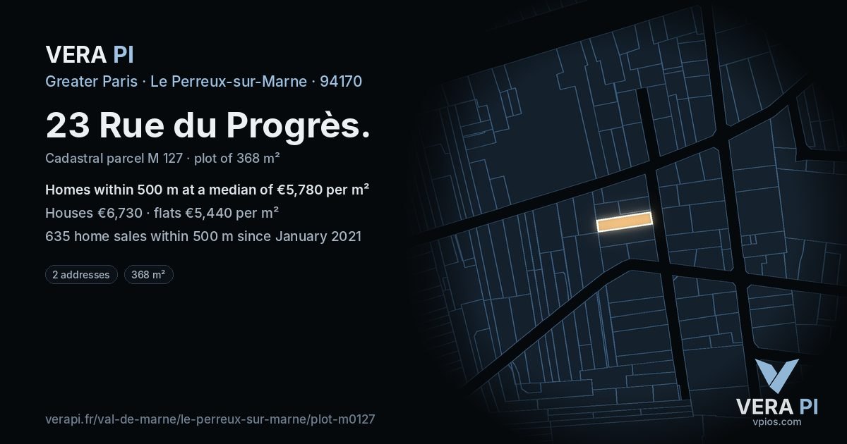 23 Rue du Progrès, Le Perreux-sur-Marne at night – the plot lit, the parcels around coloured by the prices near them