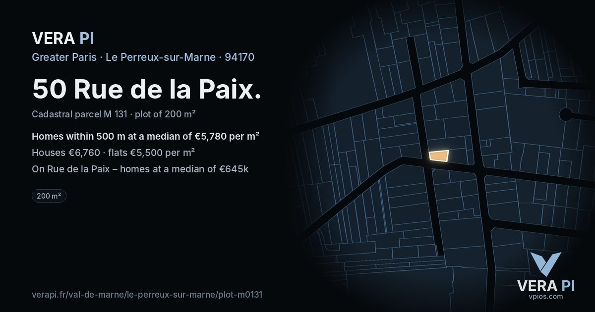 50 Rue de la Paix, Le Perreux-sur-Marne at night – the plot lit, the parcels around coloured by the prices near them