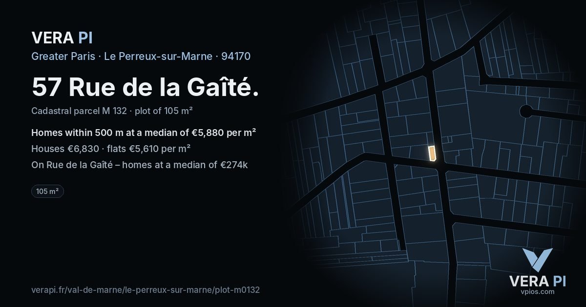 57 Rue de la Gaîté, Le Perreux-sur-Marne at night – the plot lit, the parcels around coloured by the prices near them