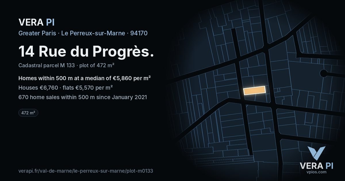 14 Rue du Progrès, Le Perreux-sur-Marne at night – the plot lit, the parcels around coloured by the prices near them