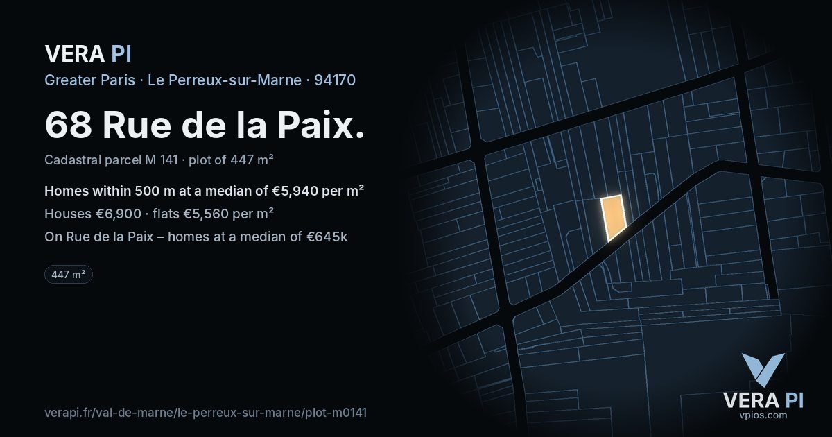 68 Rue de la Paix, Le Perreux-sur-Marne at night – the plot lit, the parcels around coloured by the prices near them