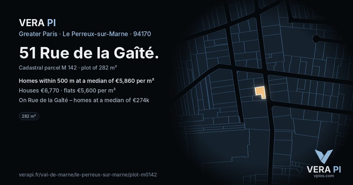 51 Rue de la Gaîté, Le Perreux-sur-Marne at night – the plot lit, the parcels around coloured by the prices near them