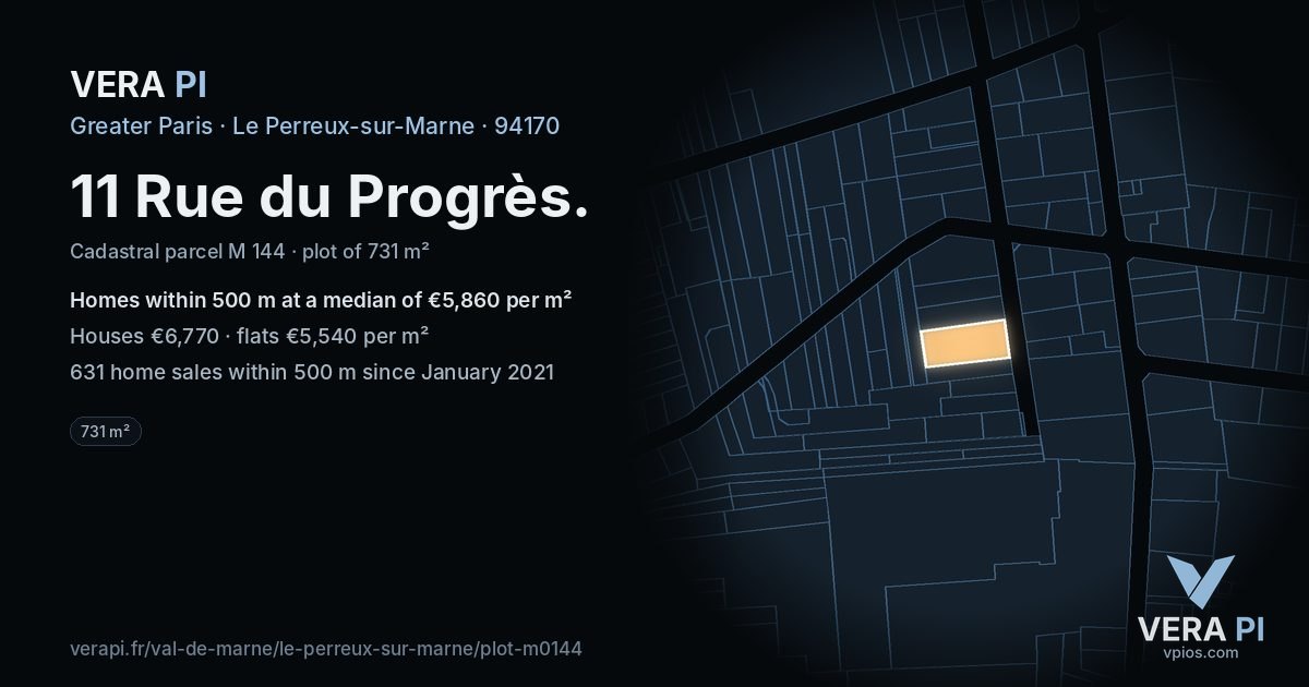 11 Rue du Progrès, Le Perreux-sur-Marne at night – the plot lit, the parcels around coloured by the prices near them