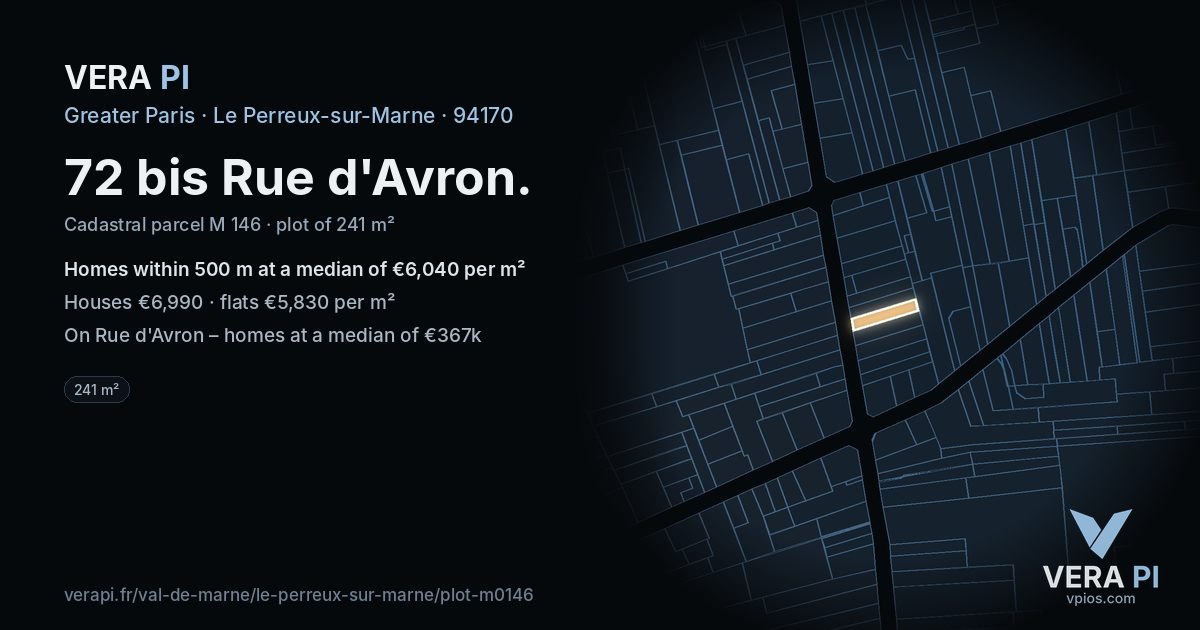72 bis Rue d'Avron, Le Perreux-sur-Marne at night – the plot lit, the parcels around coloured by the prices near them