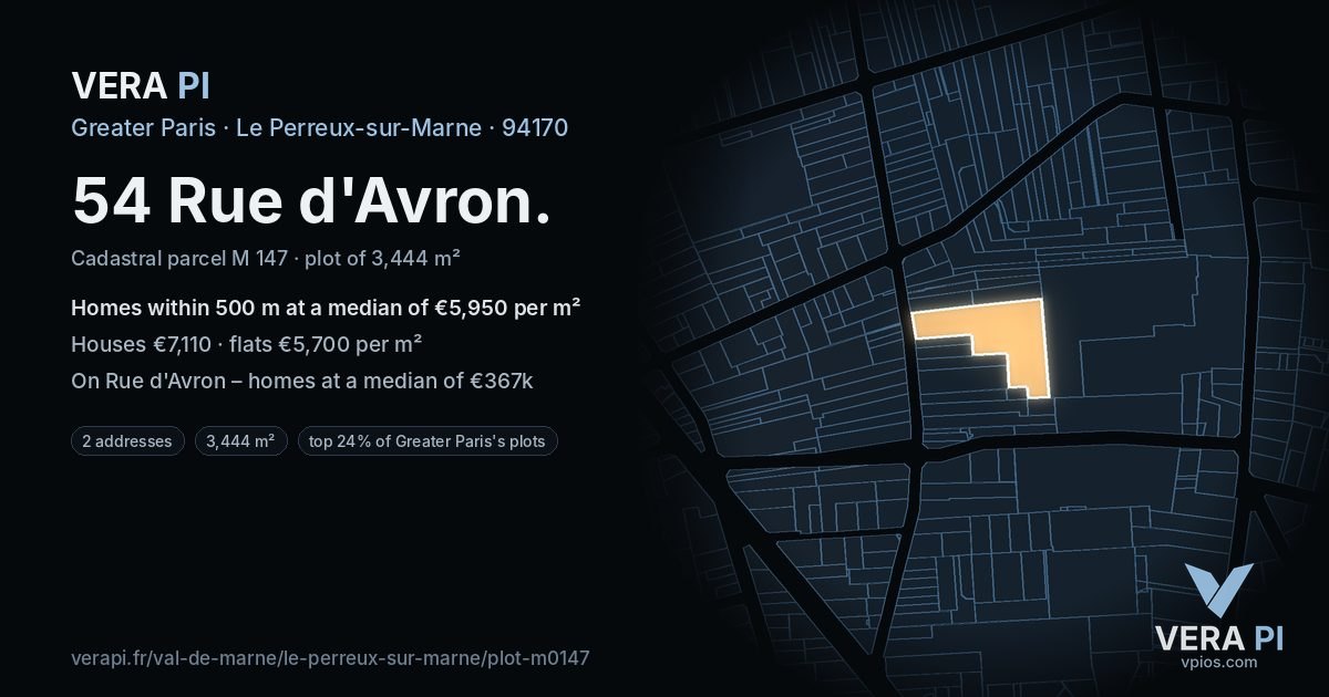 54 Rue d'Avron, Le Perreux-sur-Marne at night – the plot lit, the parcels around coloured by the prices near them