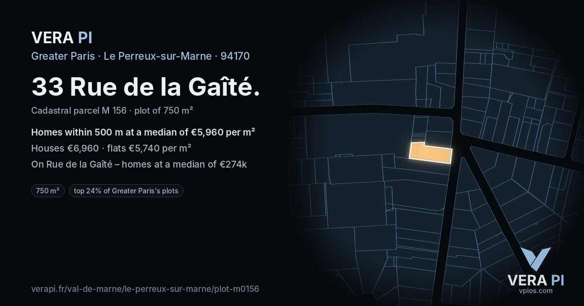33 Rue de la Gaîté, Le Perreux-sur-Marne at night – the plot lit, the parcels around coloured by the prices near them