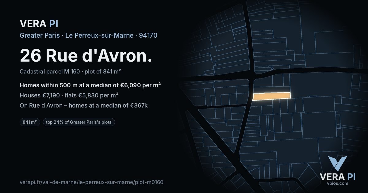 26 Rue d'Avron, Le Perreux-sur-Marne at night – the plot lit, the parcels around coloured by the prices near them