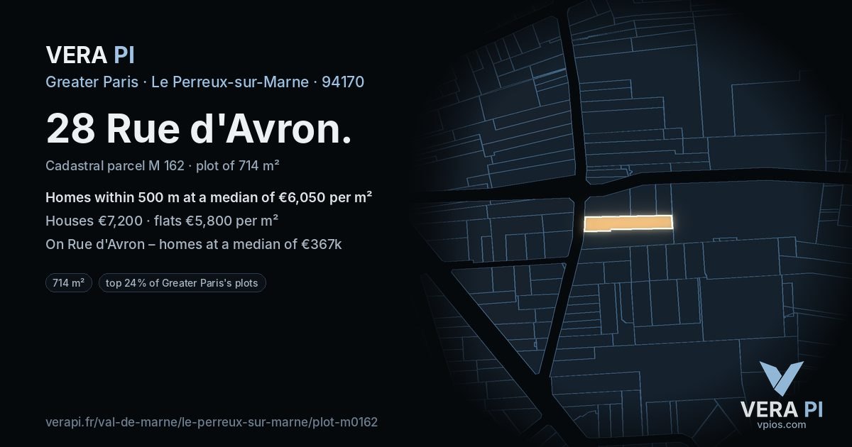 28 Rue d'Avron, Le Perreux-sur-Marne at night – the plot lit, the parcels around coloured by the prices near them