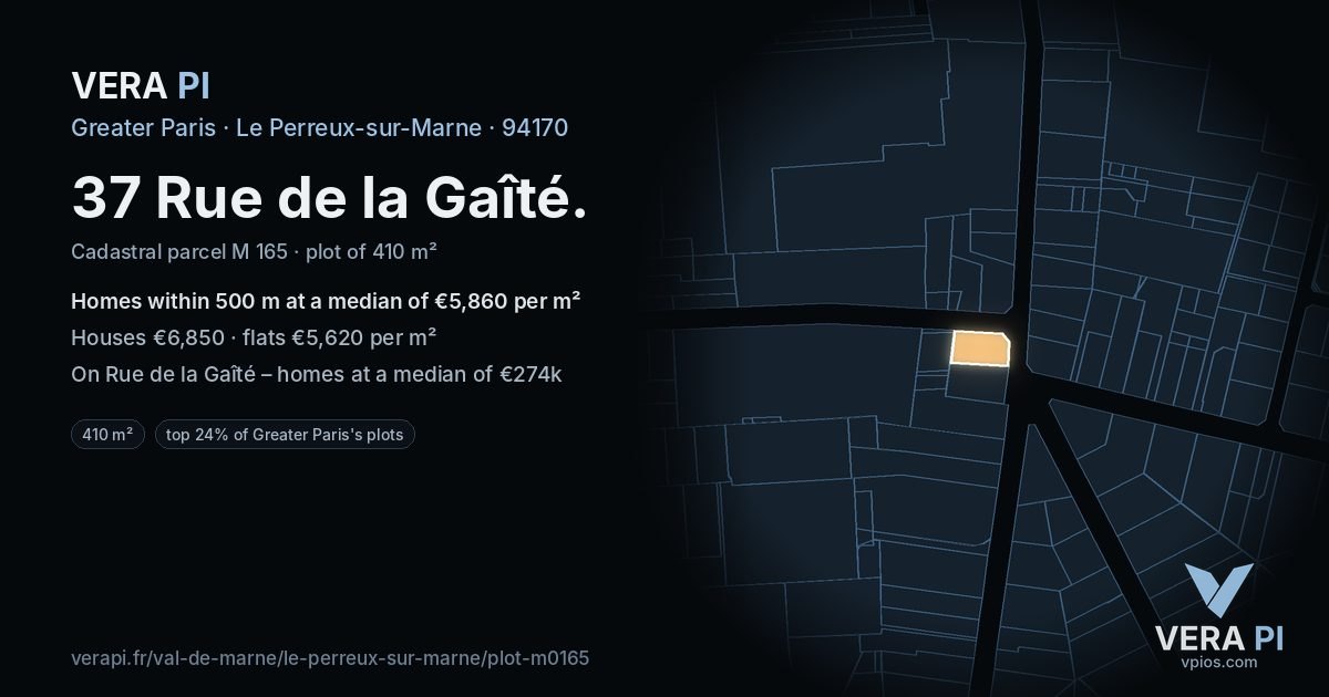 37 Rue de la Gaîté, Le Perreux-sur-Marne at night – the plot lit, the parcels around coloured by the prices near them