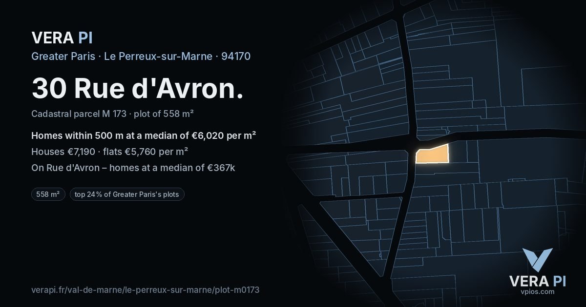 30 Rue d'Avron, Le Perreux-sur-Marne at night – the plot lit, the parcels around coloured by the prices near them