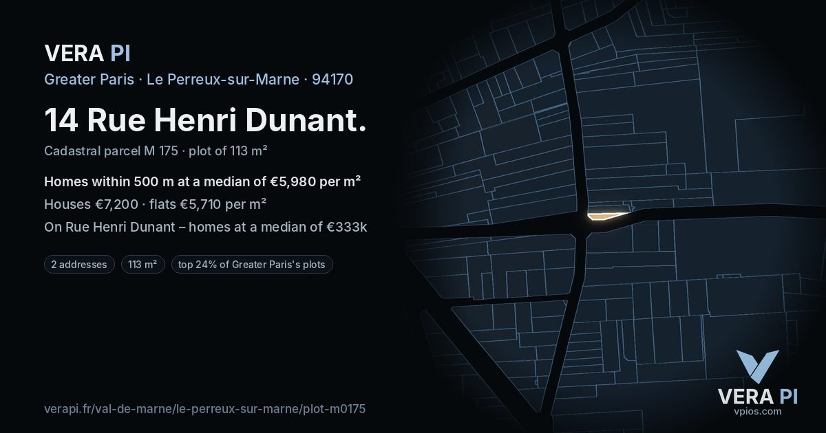 14 Rue Henri Dunant, Le Perreux-sur-Marne at night – the plot lit, the parcels around coloured by the prices near them