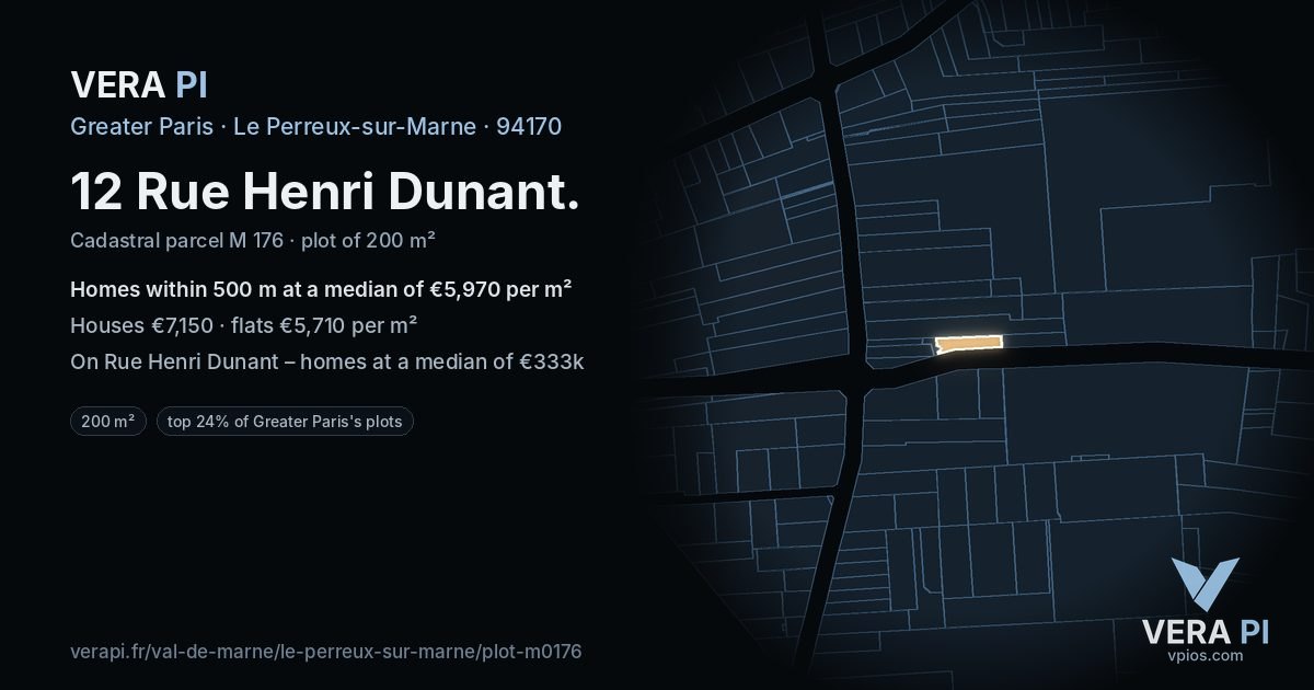 12 Rue Henri Dunant, Le Perreux-sur-Marne at night – the plot lit, the parcels around coloured by the prices near them