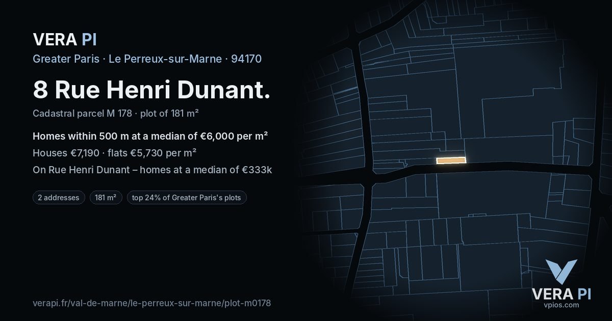 8 Rue Henri Dunant, Le Perreux-sur-Marne at night – the plot lit, the parcels around coloured by the prices near them