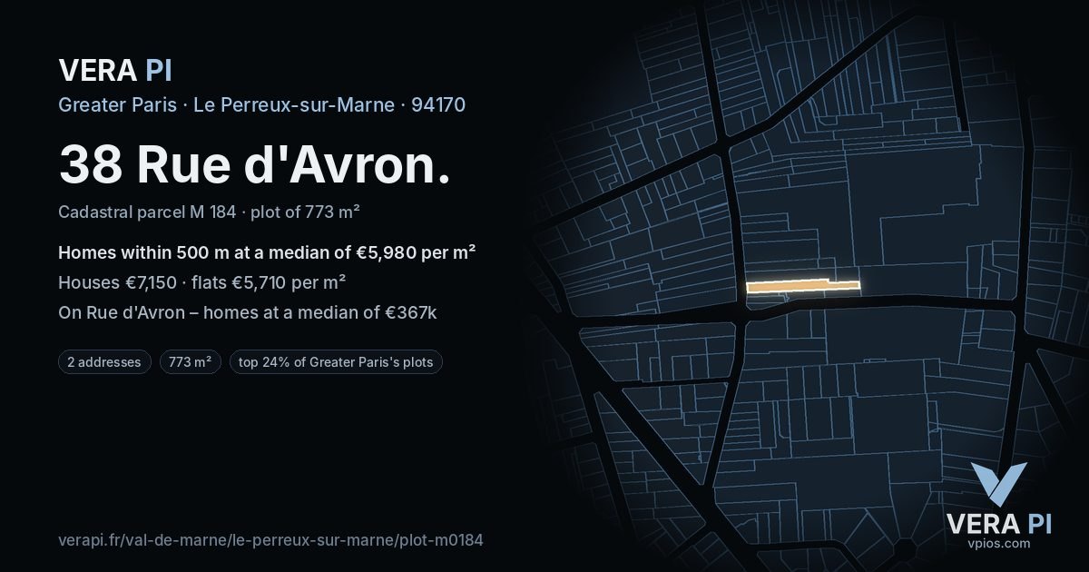 38 Rue d'Avron, Le Perreux-sur-Marne at night – the plot lit, the parcels around coloured by the prices near them