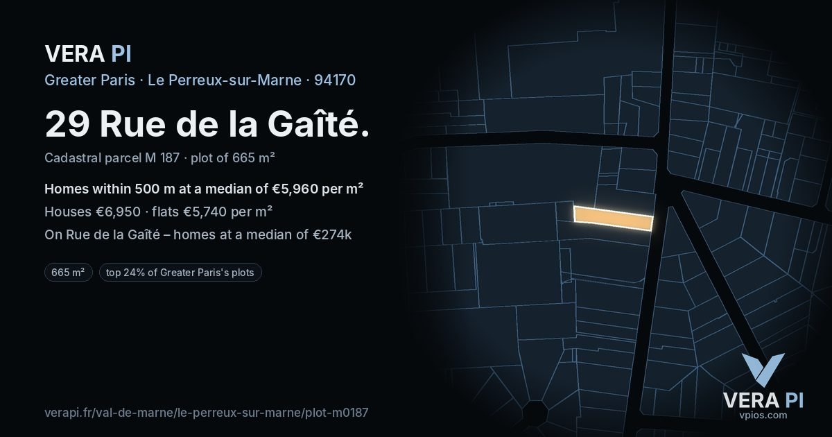 29 Rue de la Gaîté, Le Perreux-sur-Marne at night – the plot lit, the parcels around coloured by the prices near them