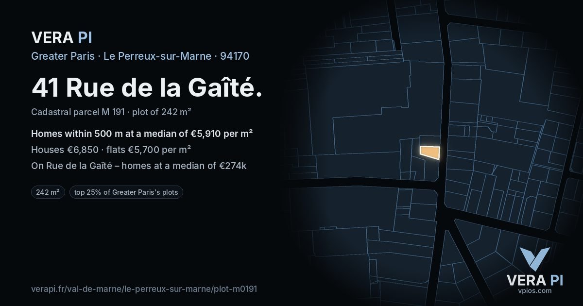 41 Rue de la Gaîté, Le Perreux-sur-Marne at night – the plot lit, the parcels around coloured by the prices near them