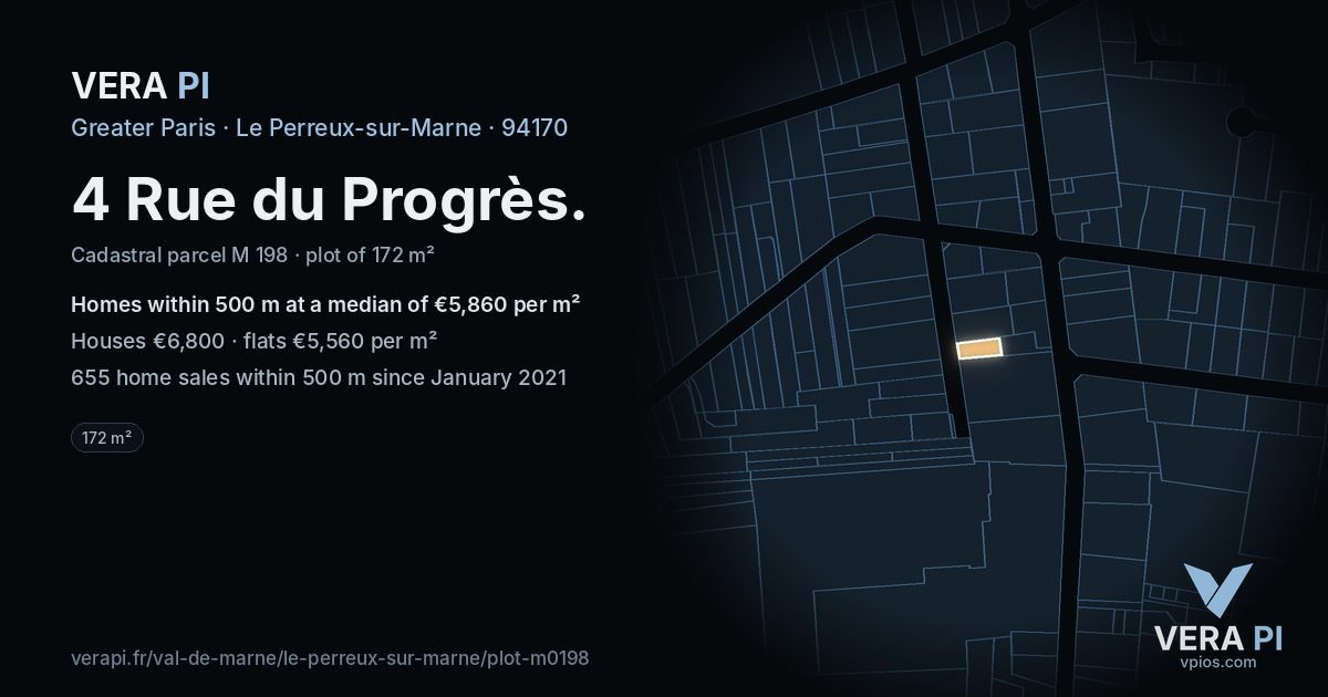 4 Rue du Progrès, Le Perreux-sur-Marne at night – the plot lit, the parcels around coloured by the prices near them
