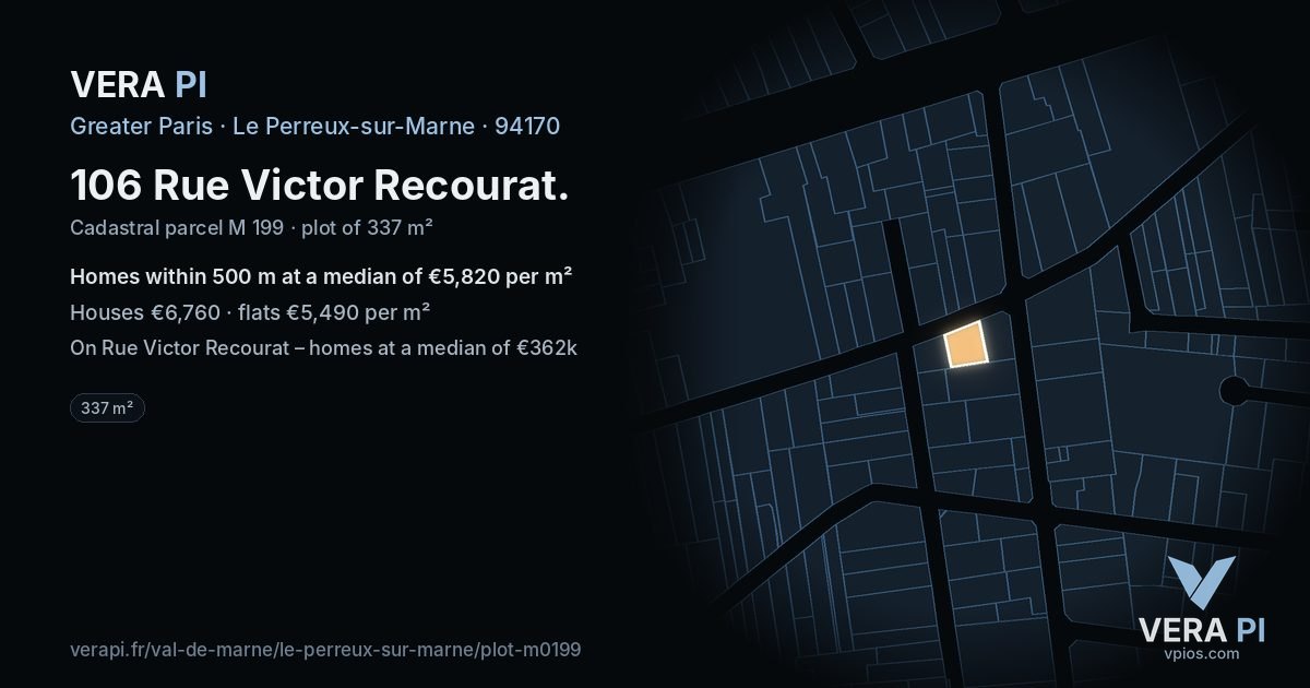 106 Rue Victor Recourat, Le Perreux-sur-Marne at night – the plot lit, the parcels around coloured by the prices near them