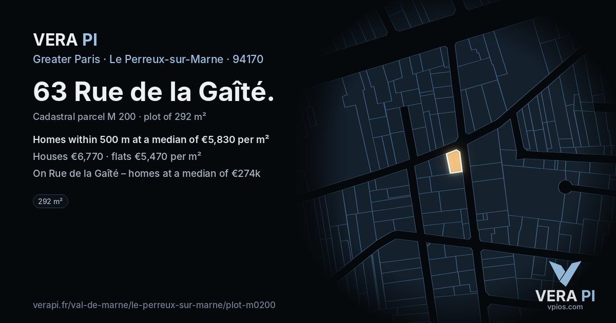 63 Rue de la Gaîté, Le Perreux-sur-Marne at night – the plot lit, the parcels around coloured by the prices near them