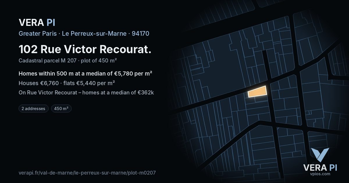 102 Rue Victor Recourat, Le Perreux-sur-Marne at night – the plot lit, the parcels around coloured by the prices near them