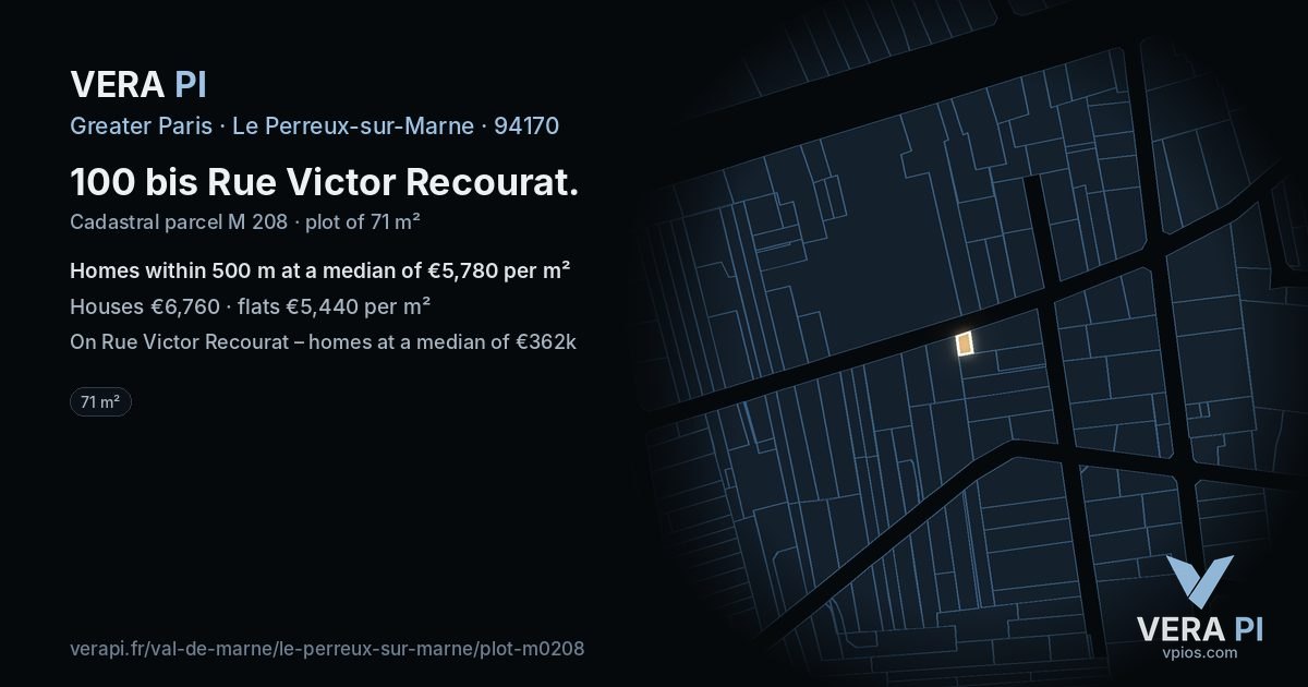 100 bis Rue Victor Recourat, Le Perreux-sur-Marne at night – the plot lit, the parcels around coloured by the prices near them