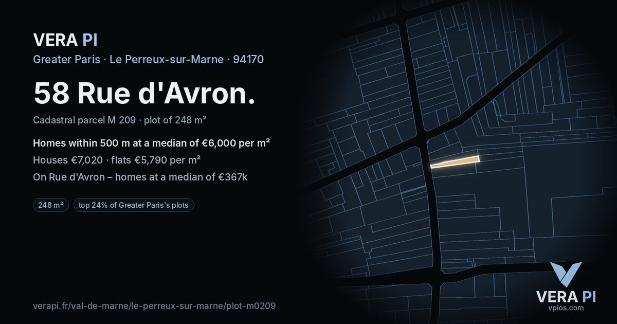 58 Rue d'Avron, Le Perreux-sur-Marne at night – the plot lit, the parcels around coloured by the prices near them