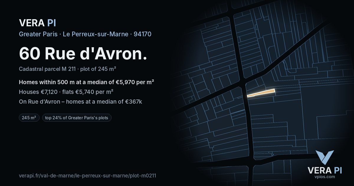 60 Rue d'Avron, Le Perreux-sur-Marne at night – the plot lit, the parcels around coloured by the prices near them