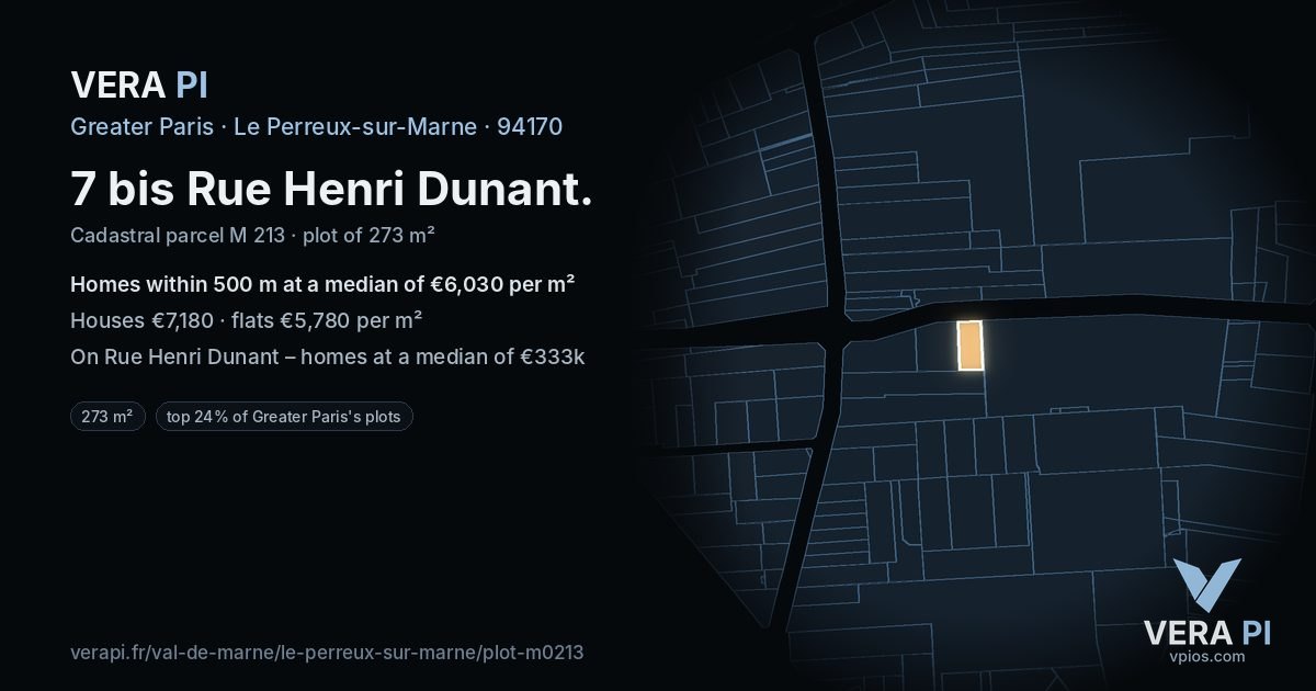 7 bis Rue Henri Dunant, Le Perreux-sur-Marne at night – the plot lit, the parcels around coloured by the prices near them