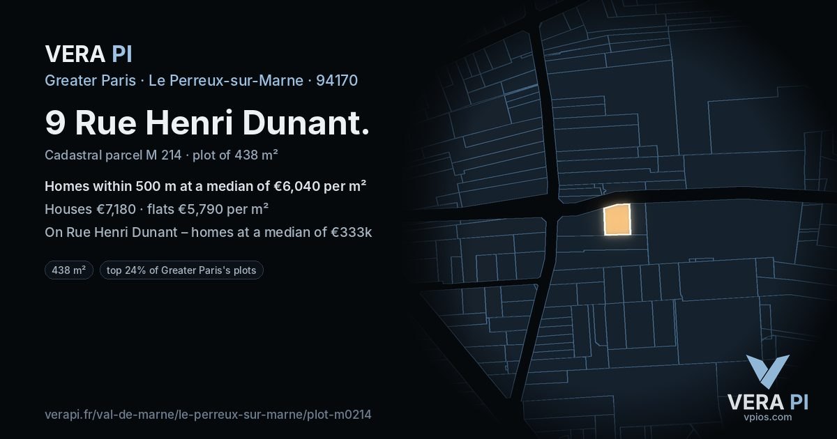 9 Rue Henri Dunant, Le Perreux-sur-Marne at night – the plot lit, the parcels around coloured by the prices near them