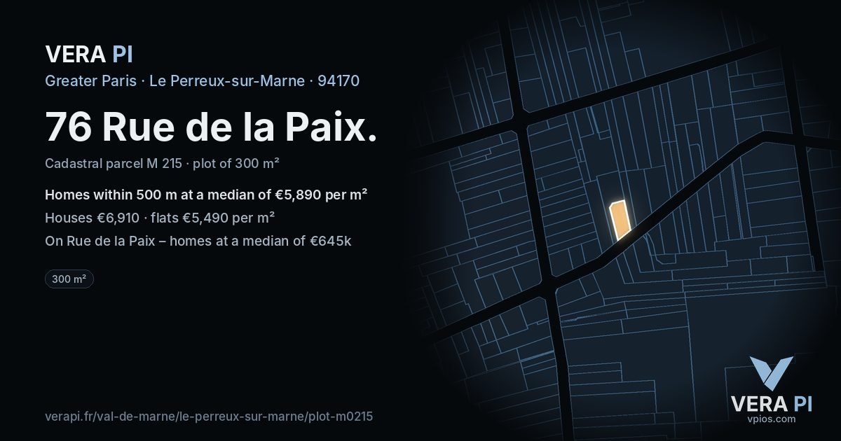 76 Rue de la Paix, Le Perreux-sur-Marne at night – the plot lit, the parcels around coloured by the prices near them