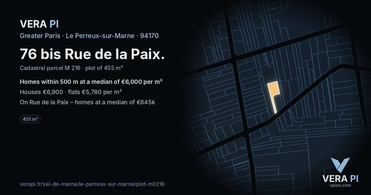 76 bis Rue de la Paix, Le Perreux-sur-Marne at night – the plot lit, the parcels around coloured by the prices near them