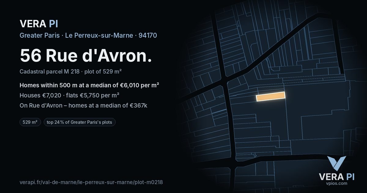 56 Rue d'Avron, Le Perreux-sur-Marne at night – the plot lit, the parcels around coloured by the prices near them