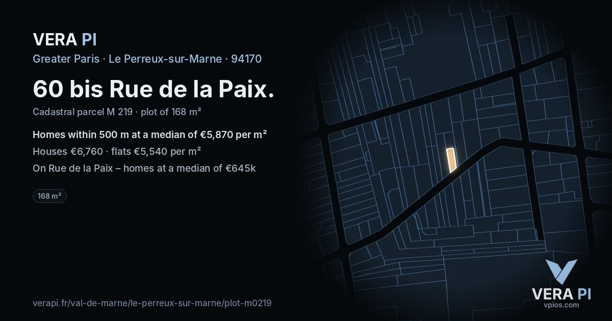 60 bis Rue de la Paix, Le Perreux-sur-Marne at night – the plot lit, the parcels around coloured by the prices near them