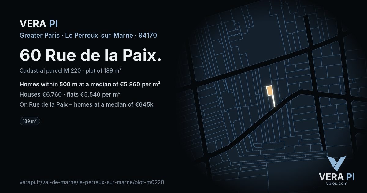 60 Rue de la Paix, Le Perreux-sur-Marne at night – the plot lit, the parcels around coloured by the prices near them