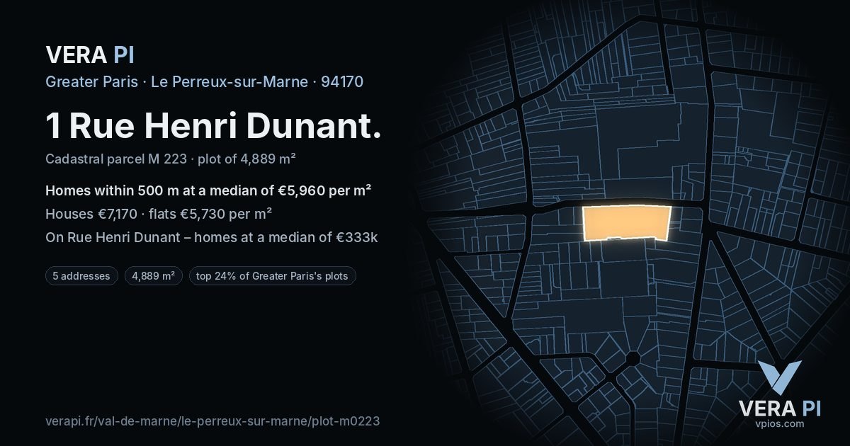 1 Rue Henri Dunant, Le Perreux-sur-Marne at night – the plot lit, the parcels around coloured by the prices near them