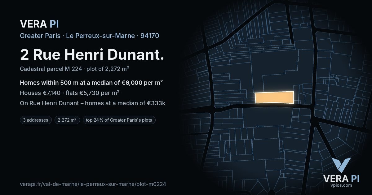 2 Rue Henri Dunant, Le Perreux-sur-Marne at night – the plot lit, the parcels around coloured by the prices near them