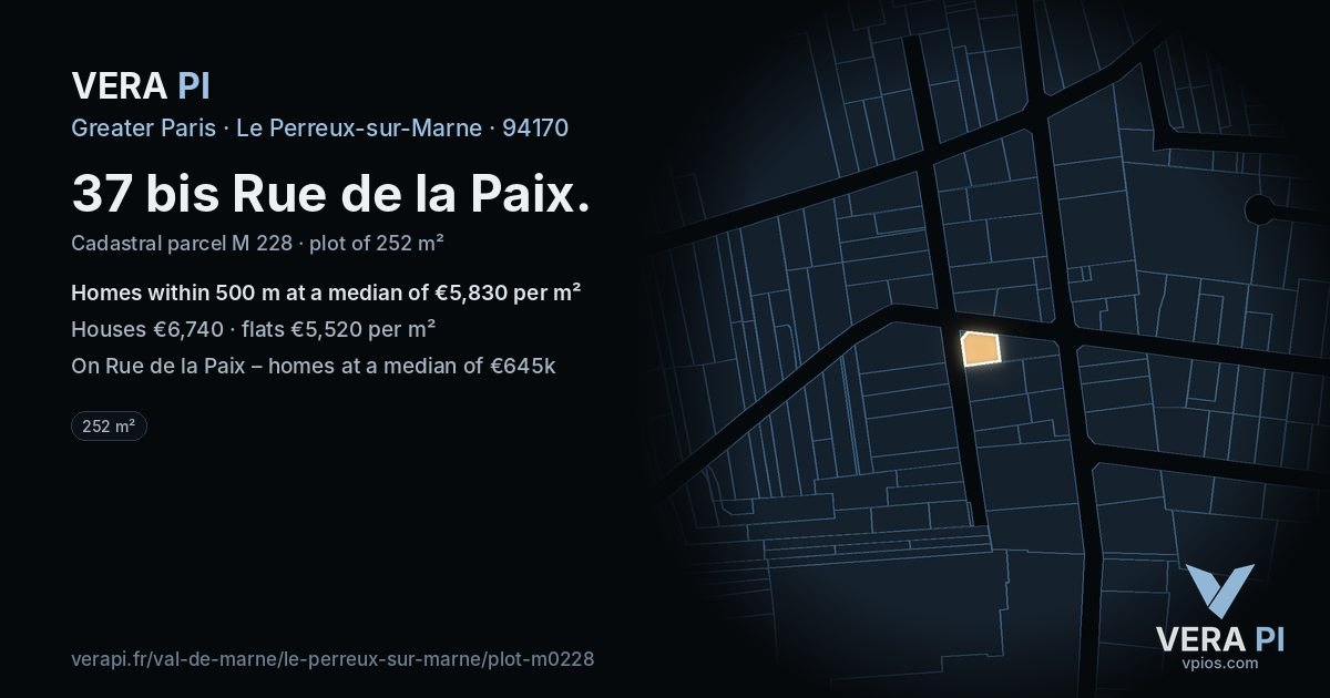 37 bis Rue de la Paix, Le Perreux-sur-Marne at night – the plot lit, the parcels around coloured by the prices near them