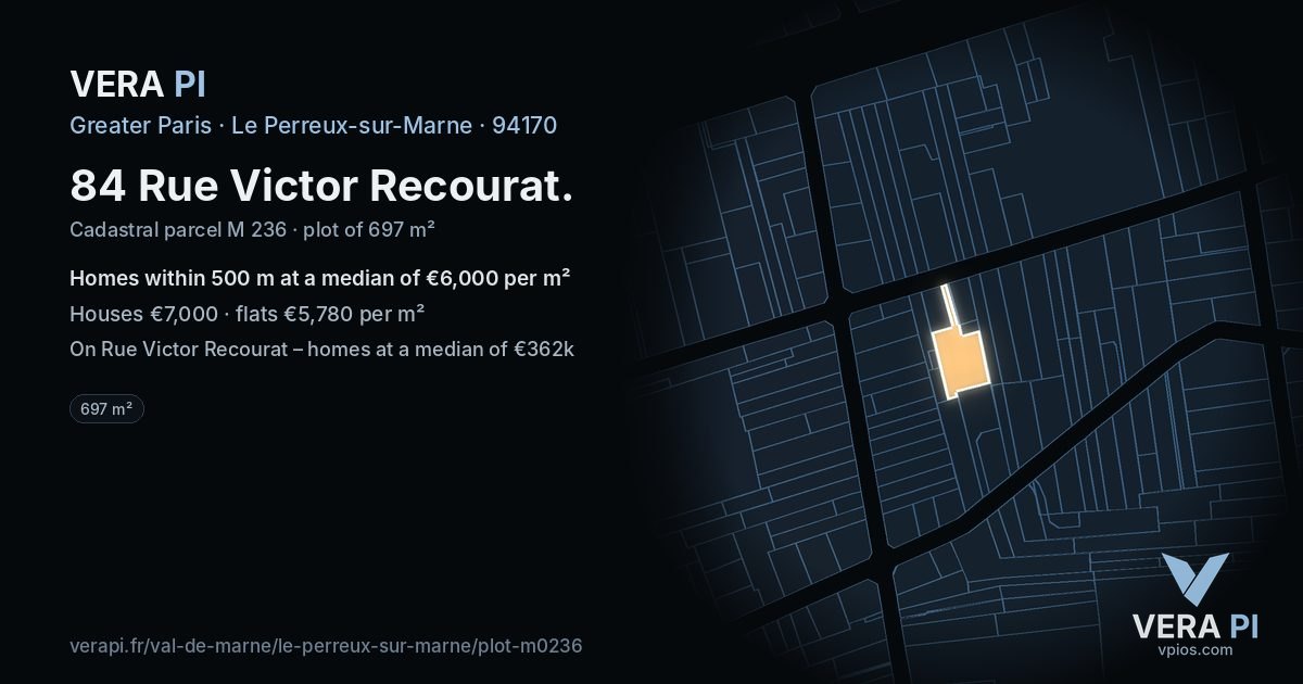 84 Rue Victor Recourat, Le Perreux-sur-Marne at night – the plot lit, the parcels around coloured by the prices near them