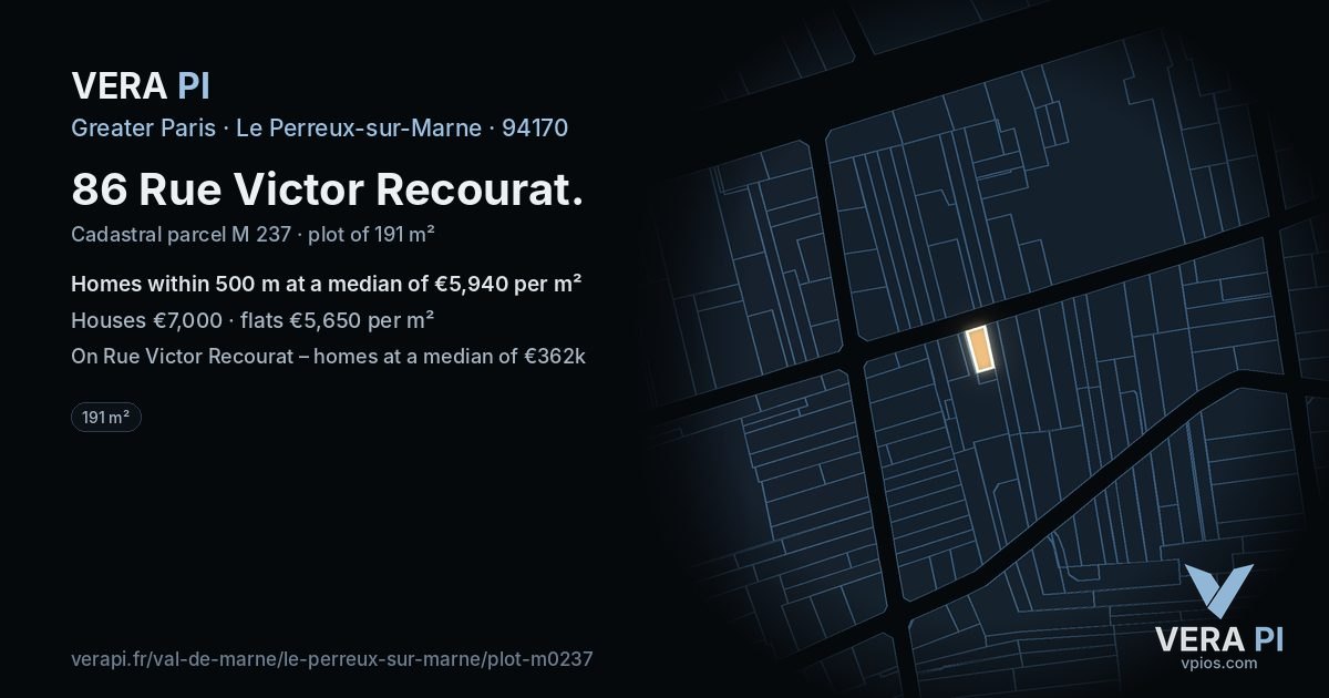 86 Rue Victor Recourat, Le Perreux-sur-Marne at night – the plot lit, the parcels around coloured by the prices near them